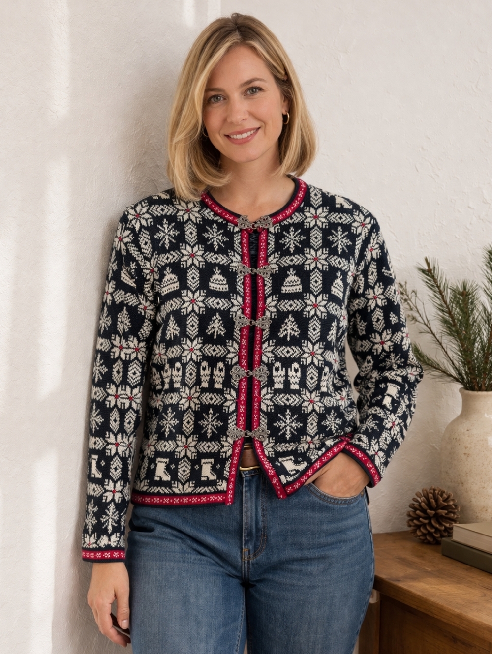 Talbots Nordic Fair Isle Cardigan Sweater Petite Sm Holiday Cotton Cozy Winter